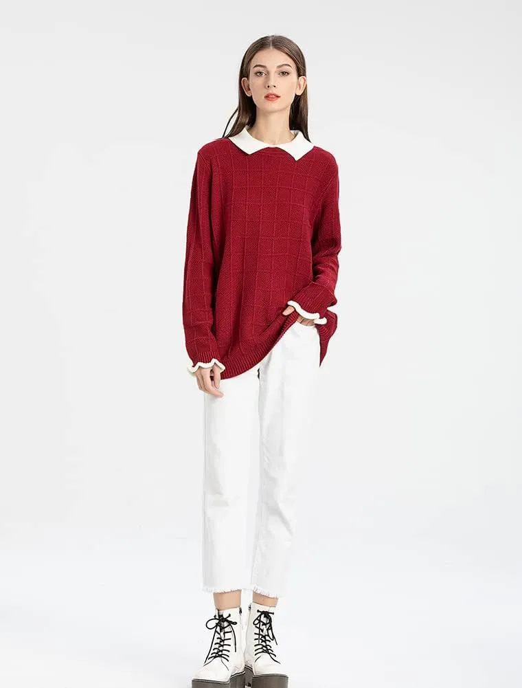 Minibee Women's Pan Collar Knitted Sweater Casual Pullover Sweatshirt