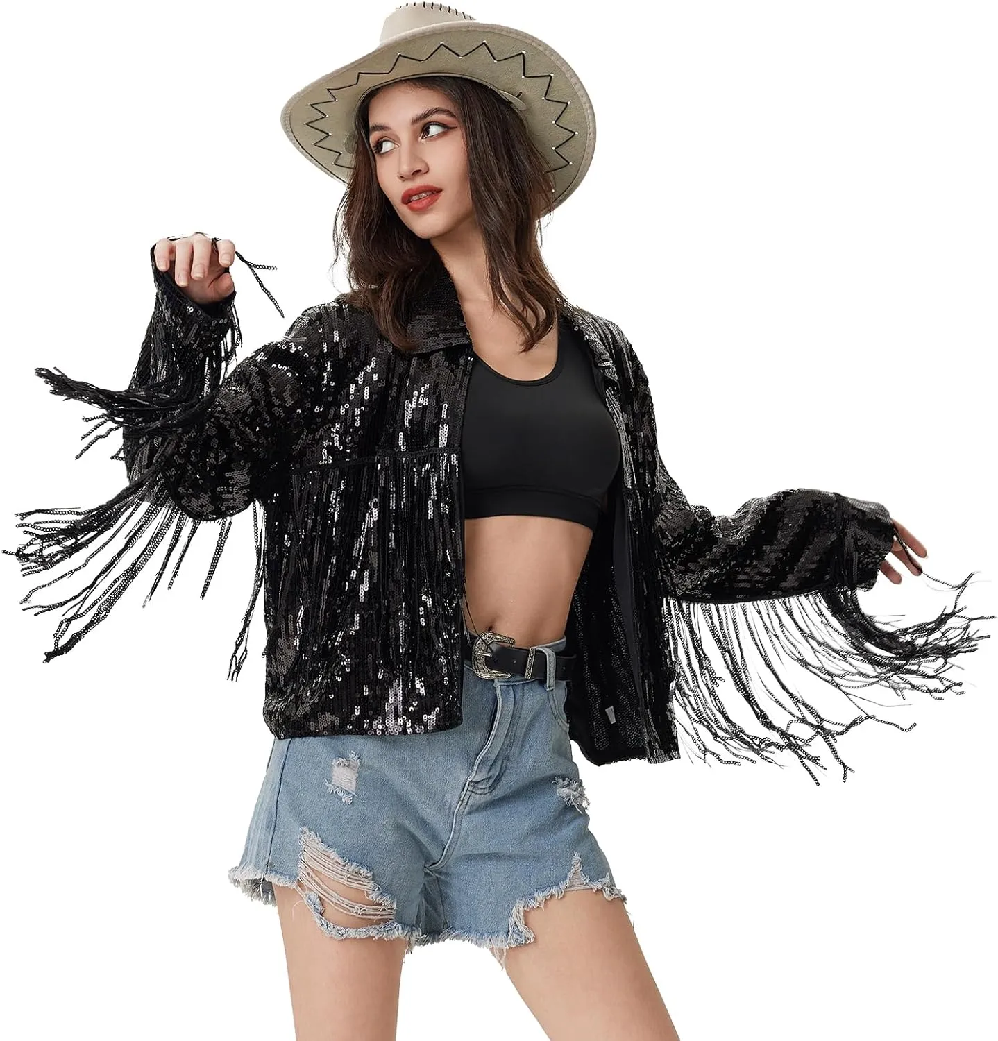 MISI CHAO Sequin Fringe Jacket Shiny Disco Cowgirl Outfit Theme Y2K 90s Streetwear Jacket Glitter Tassel Coat