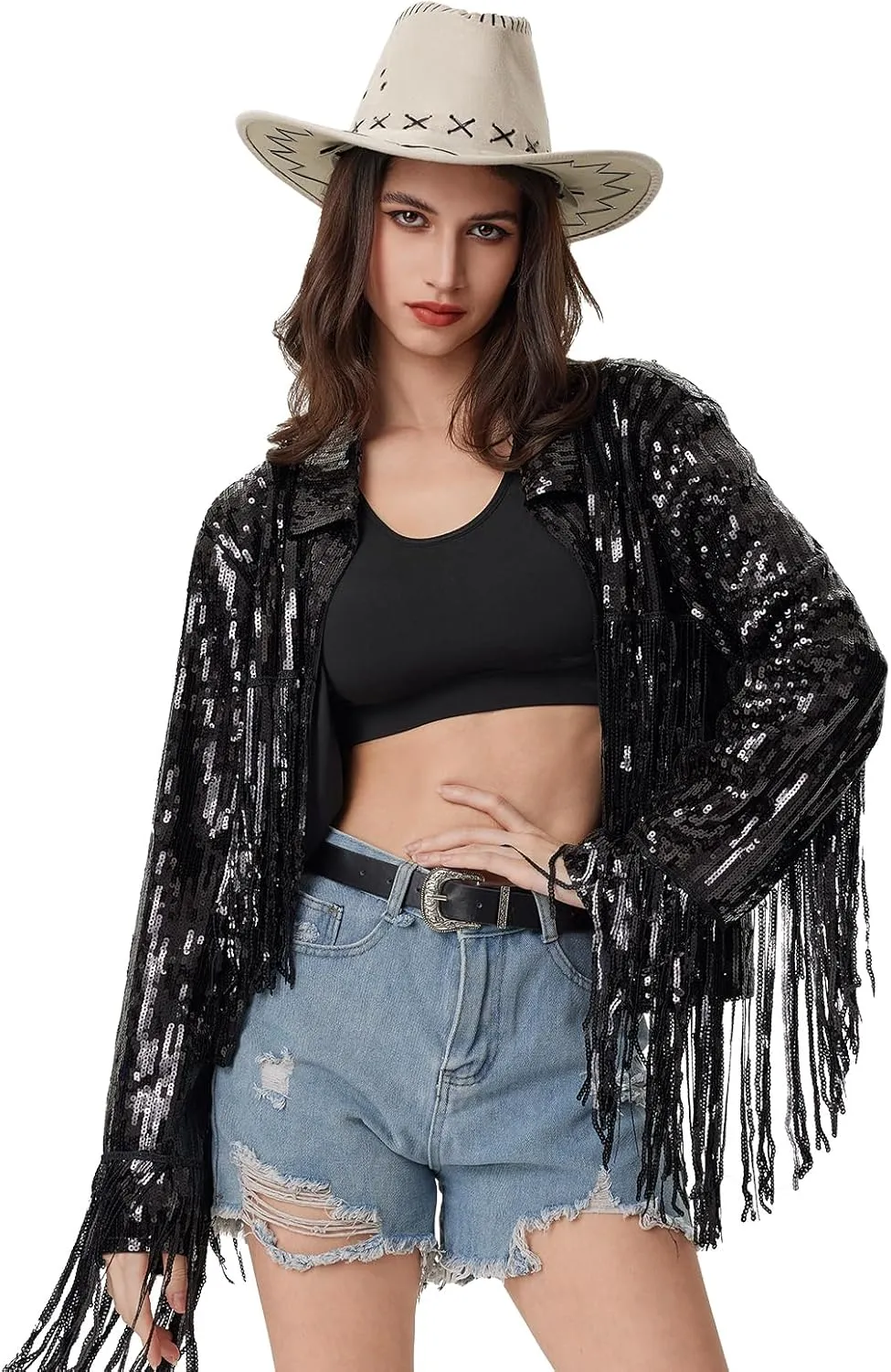 MISI CHAO Sequin Fringe Jacket Shiny Disco Cowgirl Outfit Theme Y2K 90s Streetwear Jacket Glitter Tassel Coat