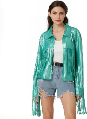 MISI CHAO Sequin Fringe Jacket Shiny Disco Cowgirl Outfit Theme Y2K 90s Streetwear Jacket Glitter Tassel Coat