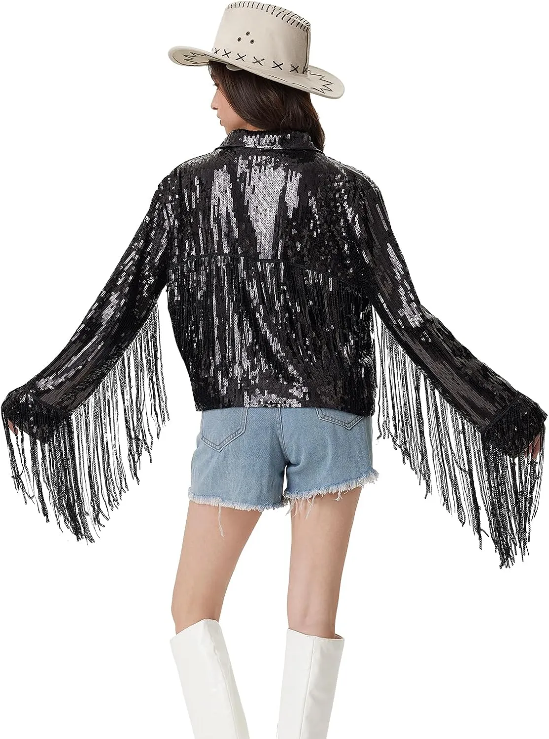 MISI CHAO Sequin Fringe Jacket Shiny Disco Cowgirl Outfit Theme Y2K 90s Streetwear Jacket Glitter Tassel Coat