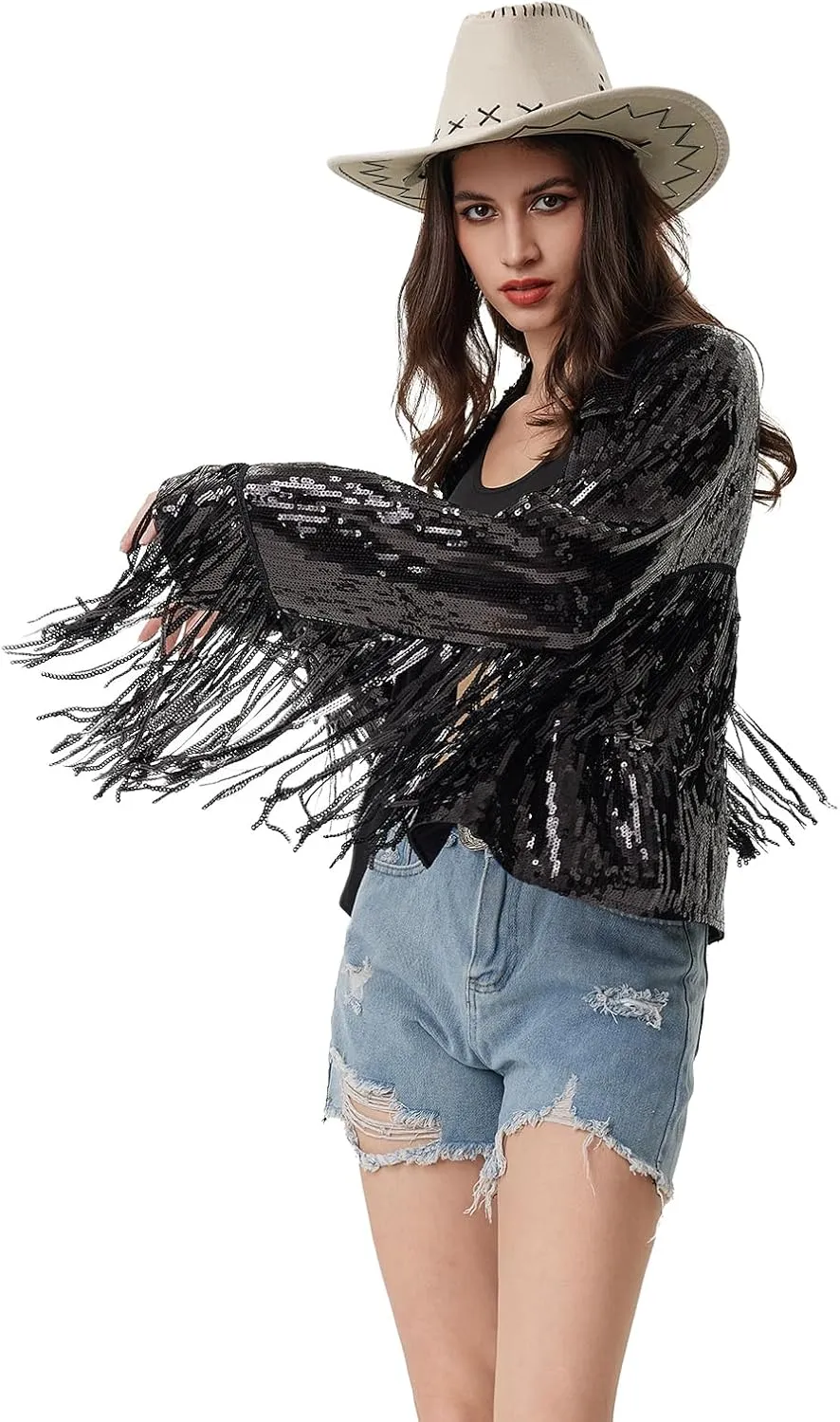 MISI CHAO Sequin Fringe Jacket Shiny Disco Cowgirl Outfit Theme Y2K 90s Streetwear Jacket Glitter Tassel Coat