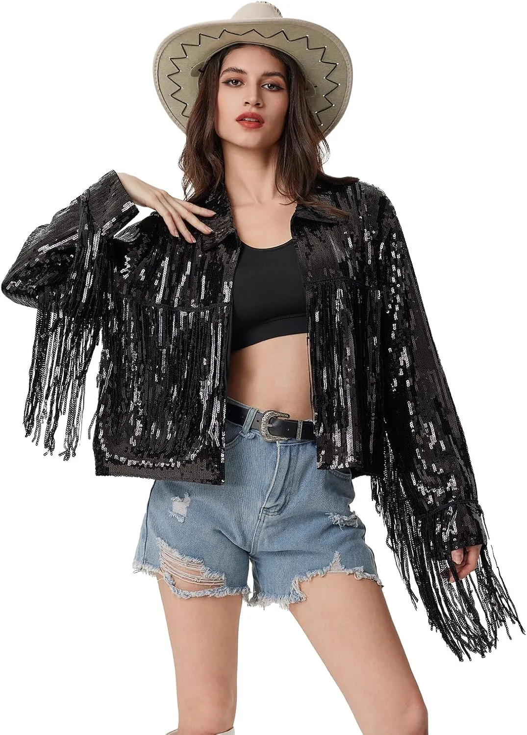 MISI CHAO Sequin Fringe Jacket Shiny Disco Cowgirl Outfit Theme Y2K 90s Streetwear Jacket Glitter Tassel Coat