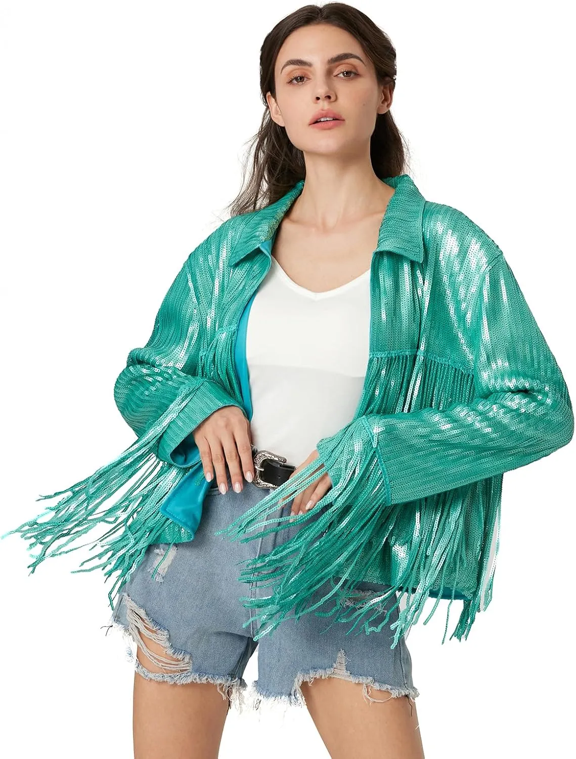 MISI CHAO Sequin Fringe Jacket Shiny Disco Cowgirl Outfit Theme Y2K 90s Streetwear Jacket Glitter Tassel Coat