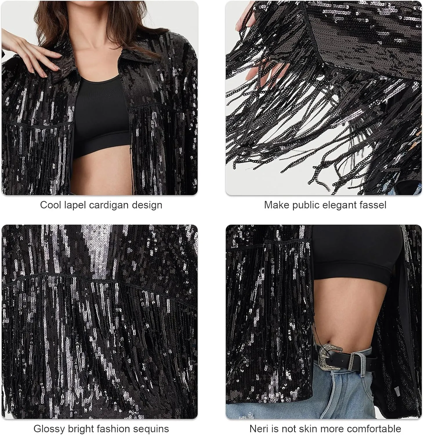 MISI CHAO Sequin Fringe Jacket Shiny Disco Cowgirl Outfit Theme Y2K 90s Streetwear Jacket Glitter Tassel Coat