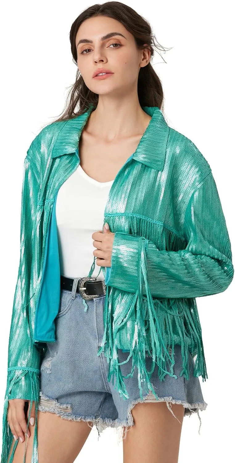 MISI CHAO Sequin Fringe Jacket Shiny Disco Cowgirl Outfit Theme Y2K 90s Streetwear Jacket Glitter Tassel Coat