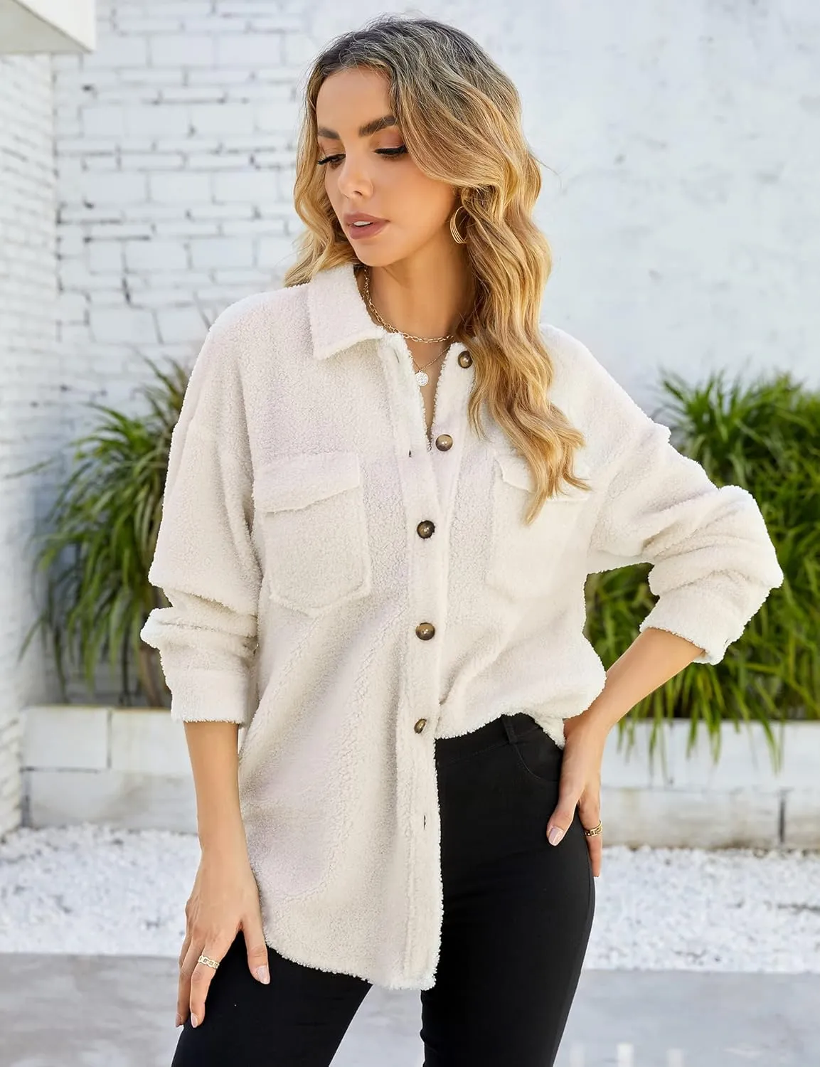 MISSKY Fleece Jacket Long Sleeve Button Casual Sherpa Jacket Coat Fall Teddy Bear Outwear with Pockets