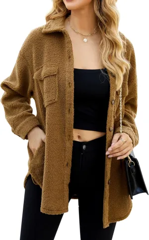 MISSKY Fleece Jacket Long Sleeve Button Casual Sherpa Jacket Coat Fall Teddy Bear Outwear with Pockets