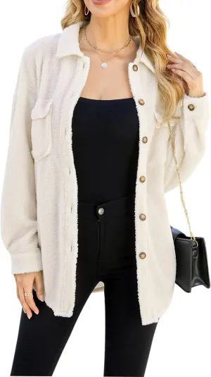 MISSKY Fleece Jacket Long Sleeve Button Casual Sherpa Jacket Coat Fall Teddy Bear Outwear with Pockets