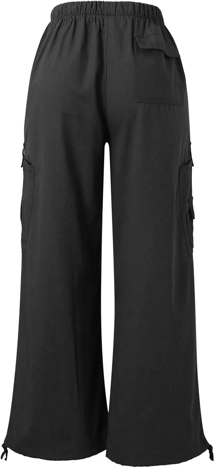 Miyaomn Women's Baggy Low Waist Parachute Cargo Pants Solid Casual Drawstring Adjustable Bottom Joggers Trousers with Pockets
