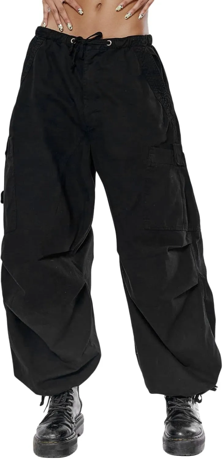 Miyaomn Women's Baggy Low Waist Parachute Cargo Pants Solid Casual Drawstring Adjustable Bottom Joggers Trousers with Pockets