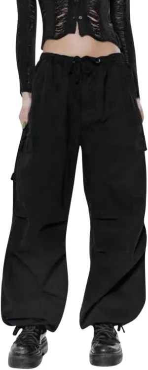 Miyaomn Women's Baggy Low Waist Parachute Cargo Pants Solid Casual Drawstring Adjustable Bottom Joggers Trousers with Pockets