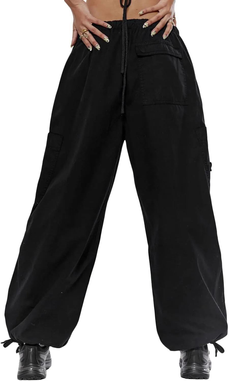 Miyaomn Women's Baggy Low Waist Parachute Cargo Pants Solid Casual Drawstring Adjustable Bottom Joggers Trousers with Pockets
