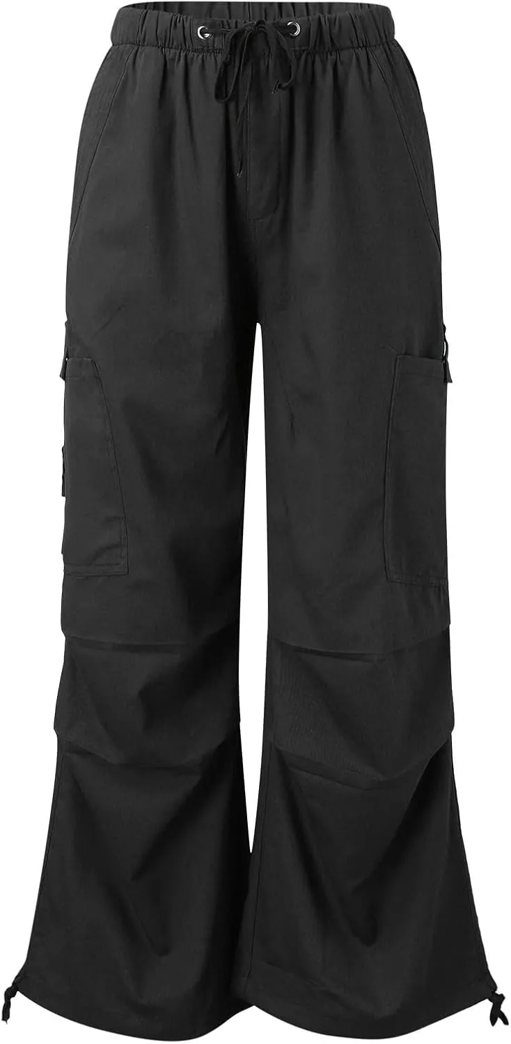 Miyaomn Women's Baggy Low Waist Parachute Cargo Pants Solid Casual Drawstring Adjustable Bottom Joggers Trousers with Pockets