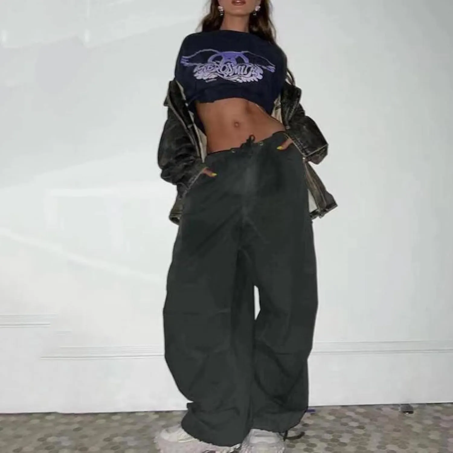 Miyaomn Women's Baggy Low Waist Parachute Cargo Pants Solid Casual Drawstring Adjustable Bottom Joggers Trousers with Pockets