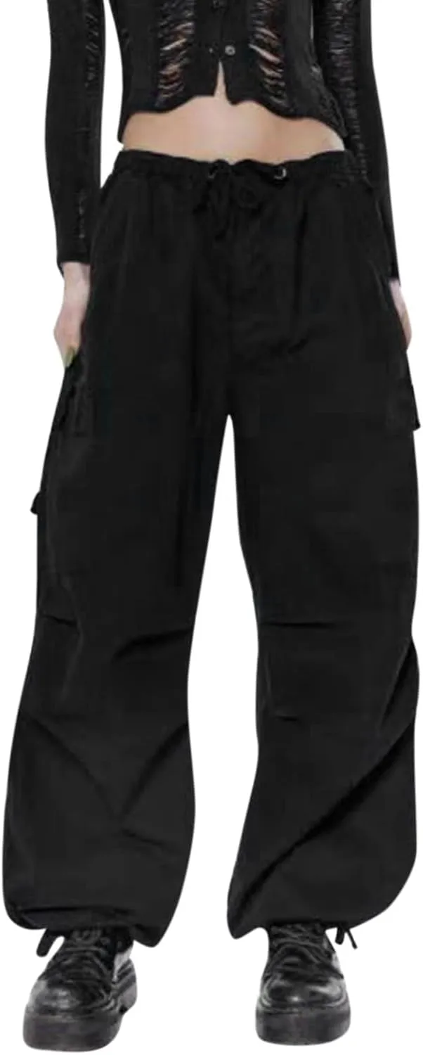 Miyaomn Women's Baggy Low Waist Parachute Cargo Pants Solid Casual Drawstring Adjustable Bottom Joggers Trousers with Pockets