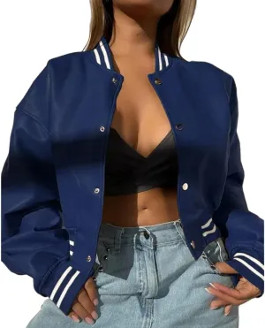 Molilove Womens Leather Jacket Mock Neck Long Sleeve Button Cropped Leather Jacket Casual Biker Moto Jacket Fall Outerwear