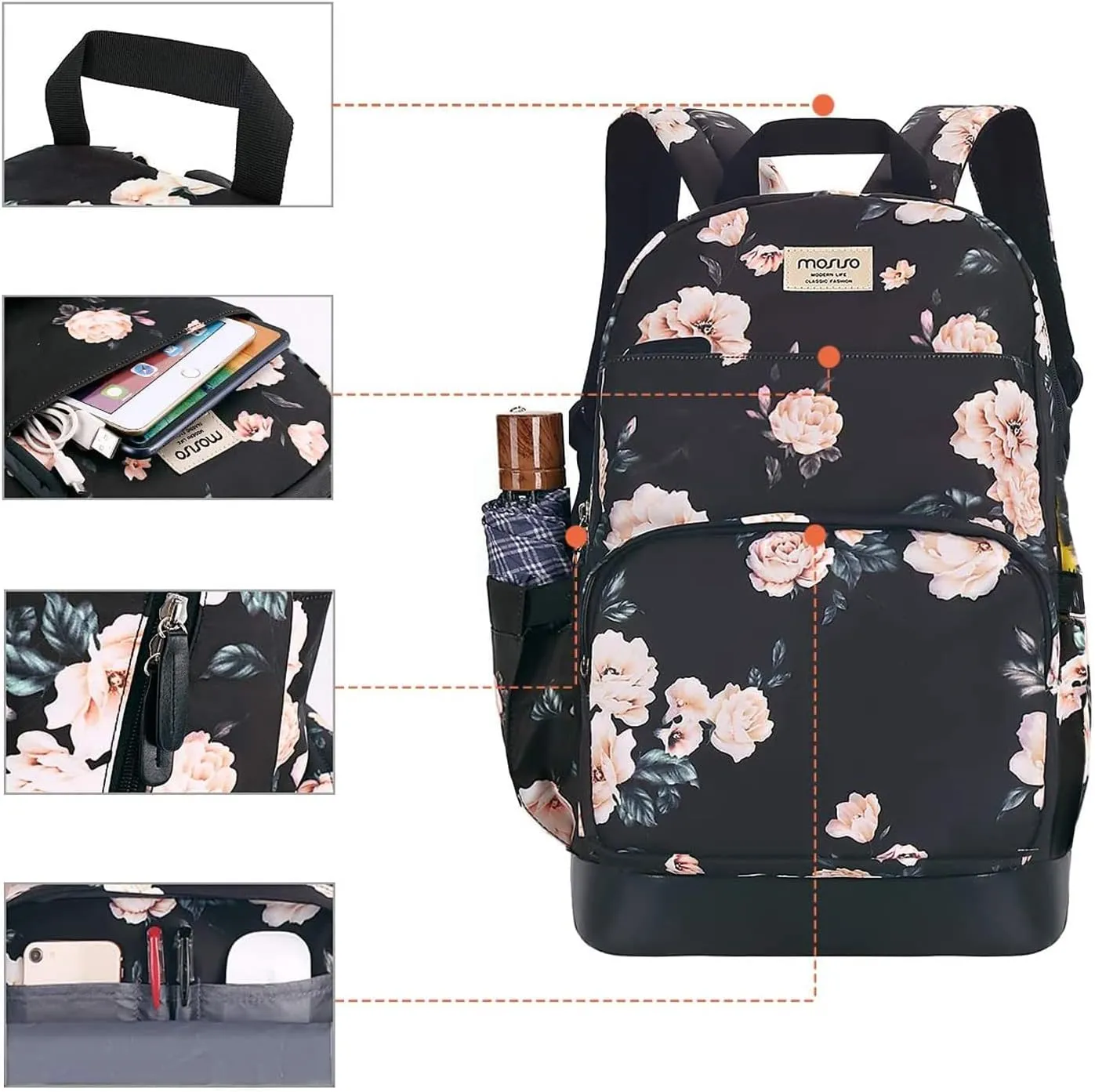 MOSISO 15.6-16 inch Laptop Backpack for Women, Polyester Anti-Theft Stylish Casual Daypack Bag with Luggage Strap & USB Charging Port, Camellia Travel Backpack, Black