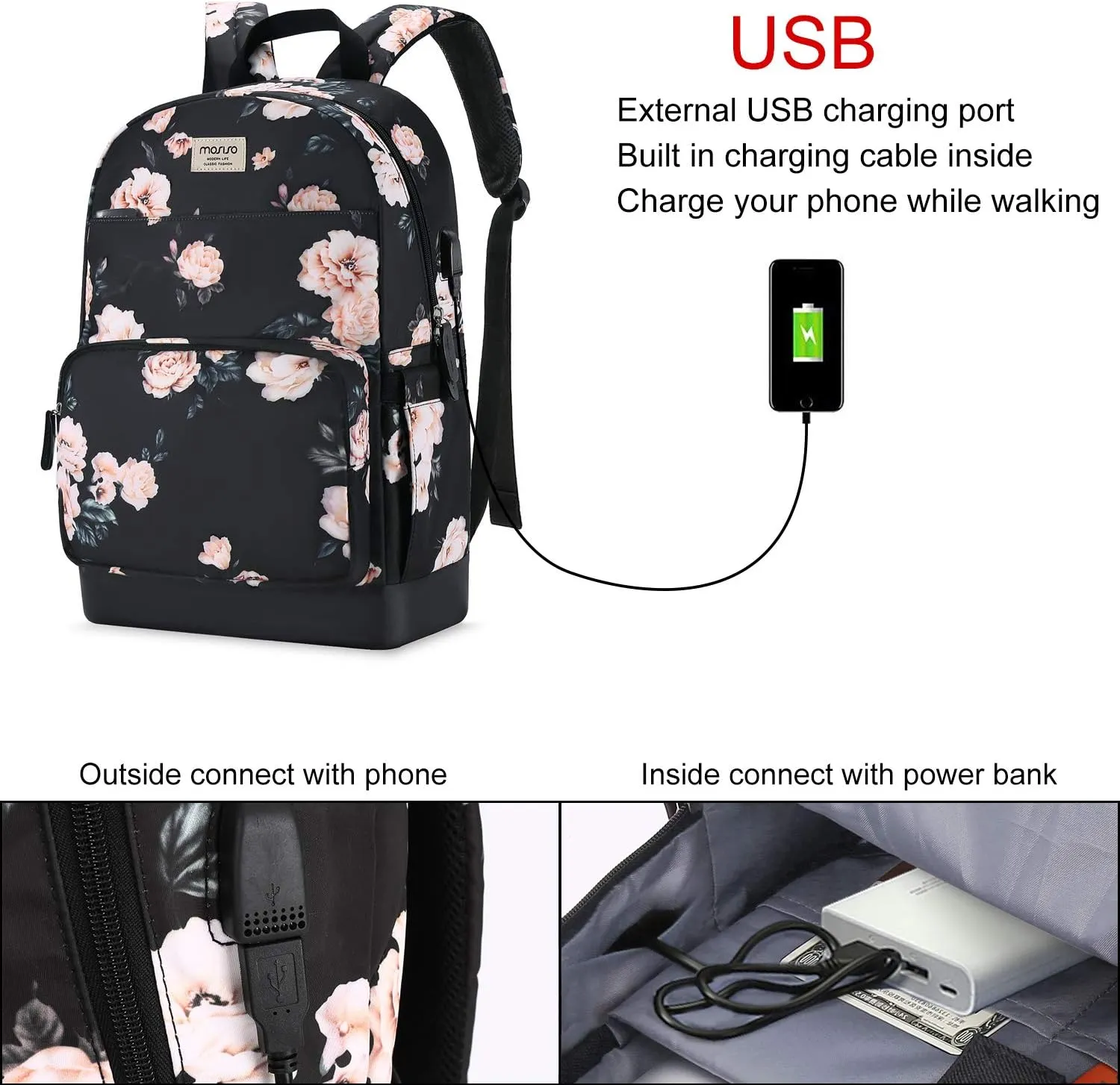 MOSISO 15.6-16 inch Laptop Backpack for Women, Polyester Anti-Theft Stylish Casual Daypack Bag with Luggage Strap & USB Charging Port, Camellia Travel Backpack, Black