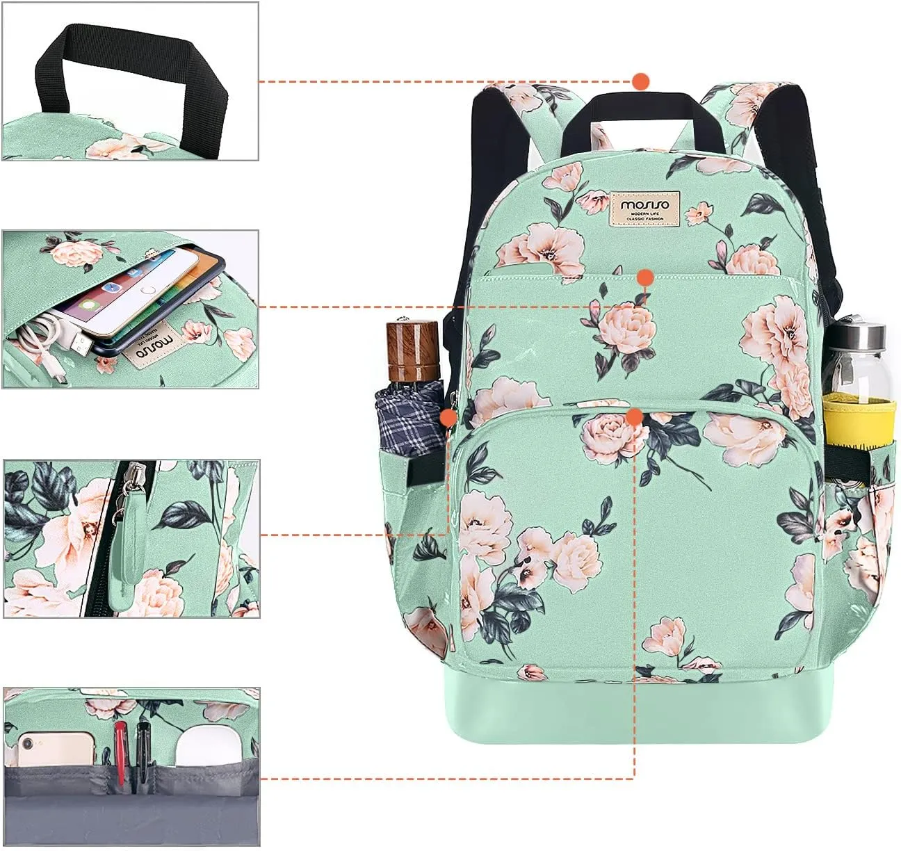 MOSISO 15.6-16 inch Laptop Backpack for Women, Polyester Anti-Theft Stylish Casual Daypack Bag with Luggage Strap & USB Charging Port, Camellia Travel Backpack, Green