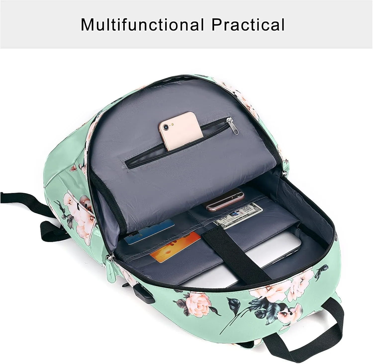 MOSISO 15.6-16 inch Laptop Backpack for Women, Polyester Anti-Theft Stylish Casual Daypack Bag with Luggage Strap & USB Charging Port, Camellia Travel Backpack, Green