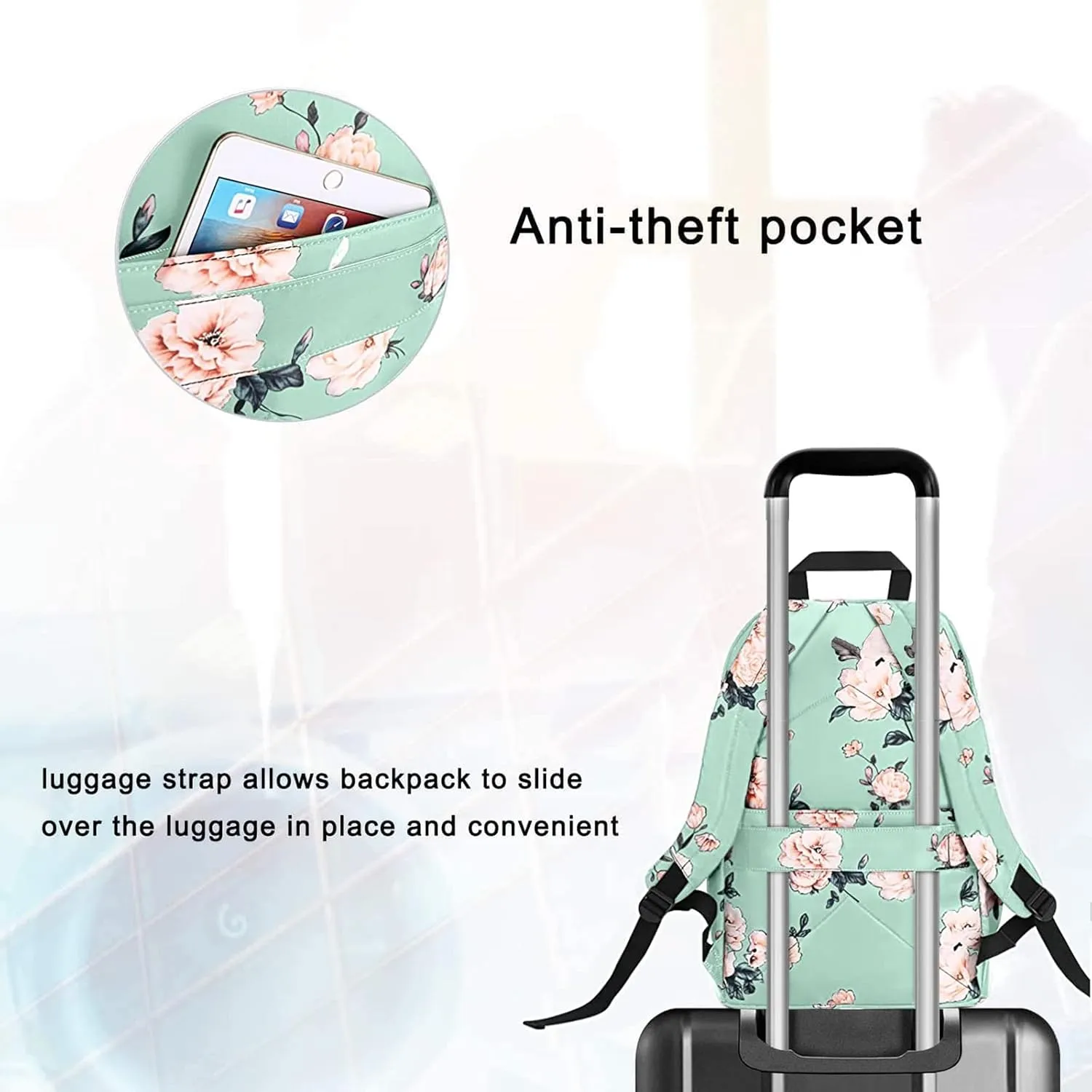 MOSISO 15.6-16 inch Laptop Backpack for Women, Polyester Anti-Theft Stylish Casual Daypack Bag with Luggage Strap & USB Charging Port, Camellia Travel Backpack, Green