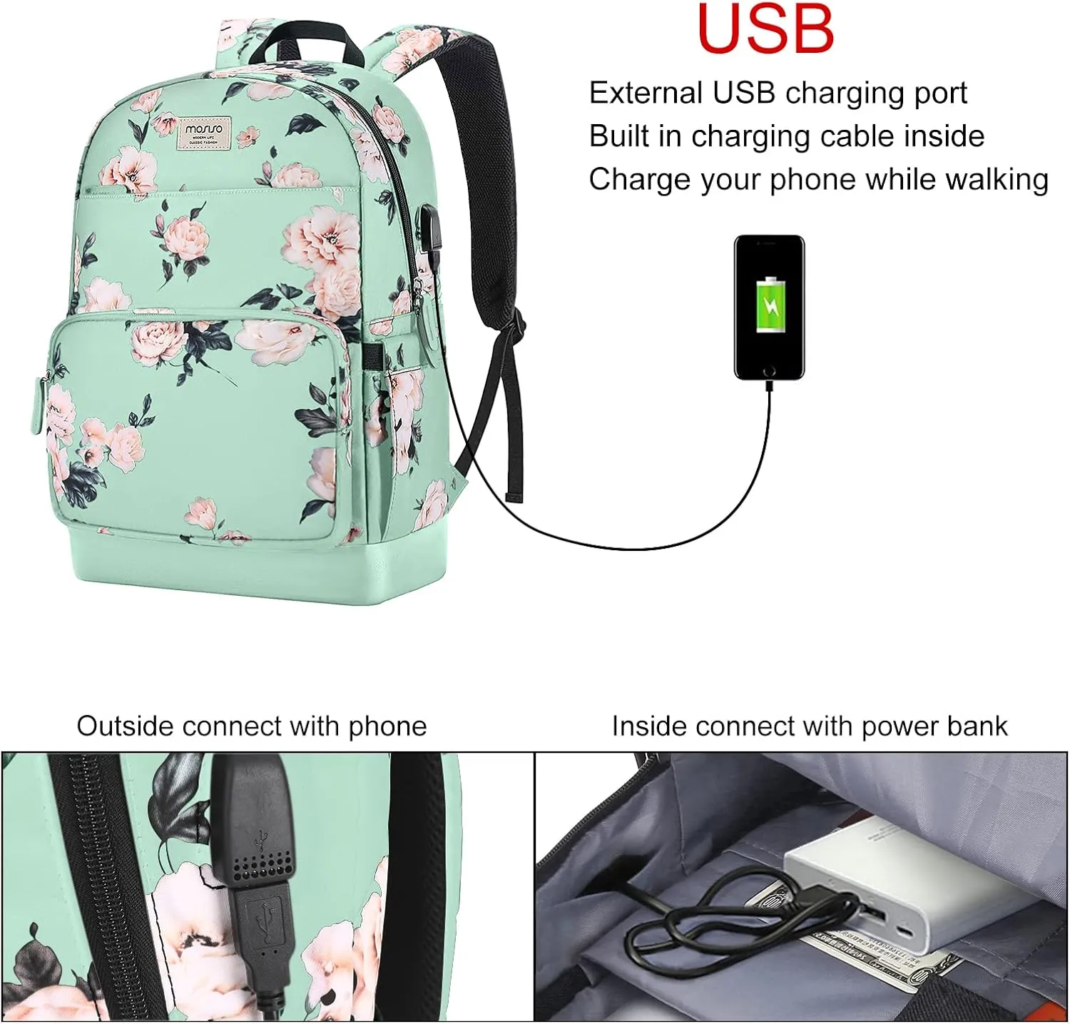 MOSISO 15.6-16 inch Laptop Backpack for Women, Polyester Anti-Theft Stylish Casual Daypack Bag with Luggage Strap & USB Charging Port, Camellia Travel Backpack, Green