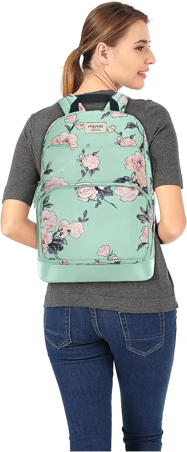 MOSISO 15.6-16 inch Laptop Backpack for Women, Polyester Anti-Theft Stylish Casual Daypack Bag with Luggage Strap & USB Charging Port, Camellia Travel Backpack, Green