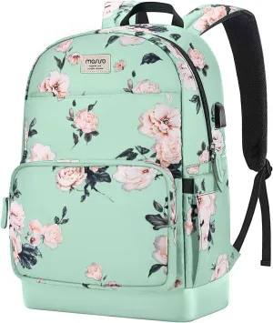 MOSISO 15.6-16 inch Laptop Backpack for Women, Polyester Anti-Theft Stylish Casual Daypack Bag with Luggage Strap & USB Charging Port, Camellia Travel Backpack, Green