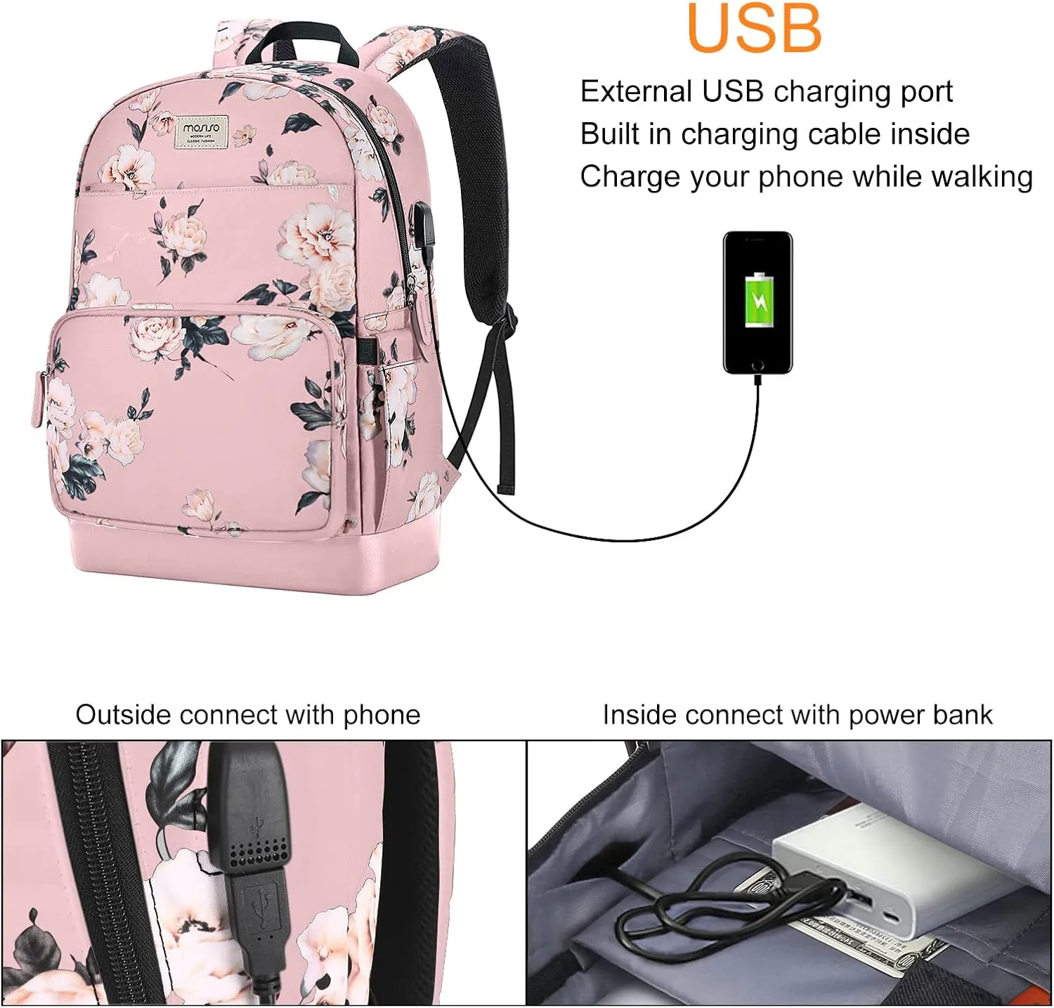 MOSISO 15.6-16 inch Laptop Backpack for Women, Polyester Anti-Theft Stylish Casual Daypack Bag with Luggage Strap & USB Charging Port, Camellia Travel Backpack, Pink