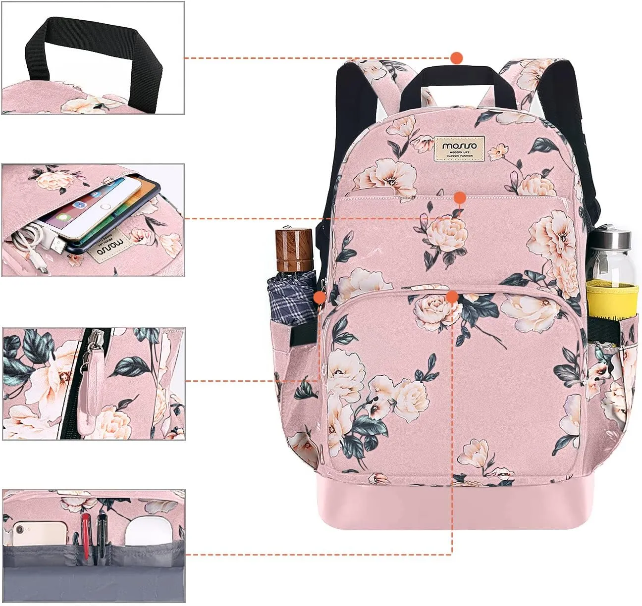 MOSISO 15.6-16 inch Laptop Backpack for Women, Polyester Anti-Theft Stylish Casual Daypack Bag with Luggage Strap & USB Charging Port, Camellia Travel Backpack, Pink