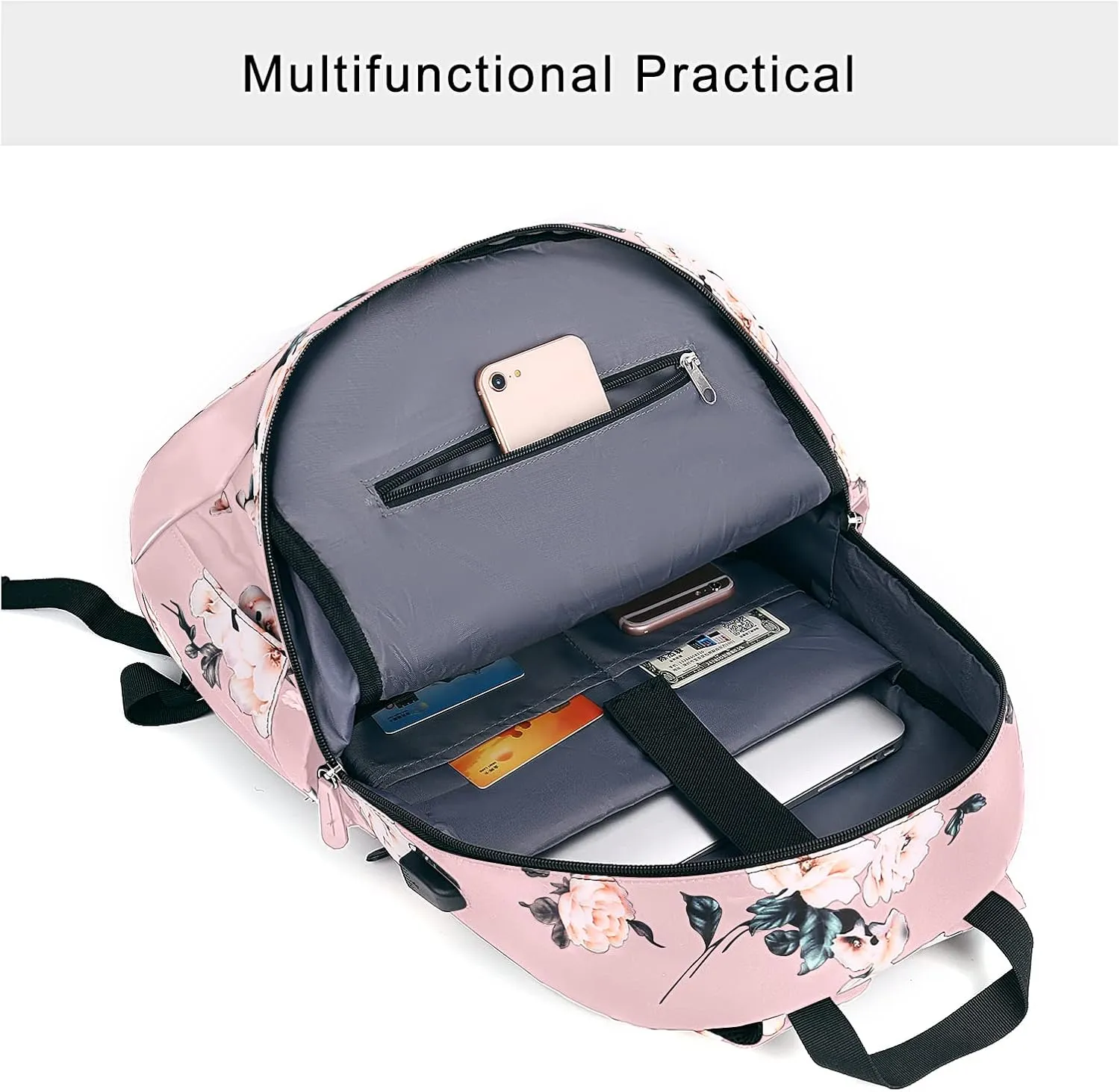 MOSISO 15.6-16 inch Laptop Backpack for Women, Polyester Anti-Theft Stylish Casual Daypack Bag with Luggage Strap & USB Charging Port, Camellia Travel Backpack, Pink