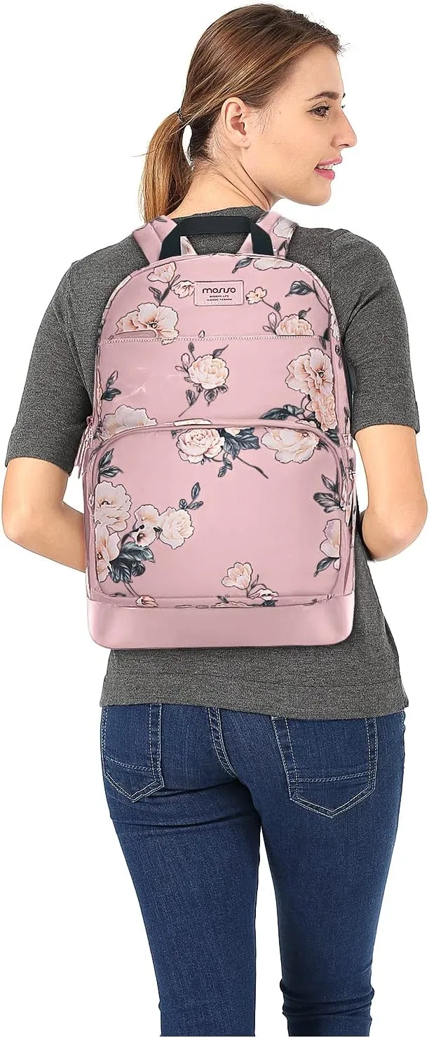 MOSISO 15.6-16 inch Laptop Backpack for Women, Polyester Anti-Theft Stylish Casual Daypack Bag with Luggage Strap & USB Charging Port, Camellia Travel Backpack, Pink