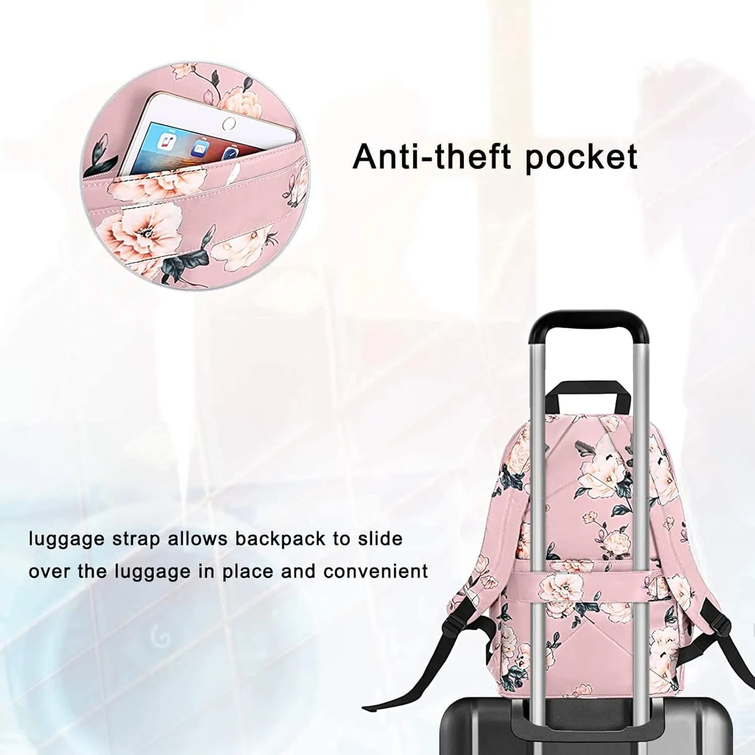 MOSISO 15.6-16 inch Laptop Backpack for Women, Polyester Anti-Theft Stylish Casual Daypack Bag with Luggage Strap & USB Charging Port, Camellia Travel Backpack, Pink