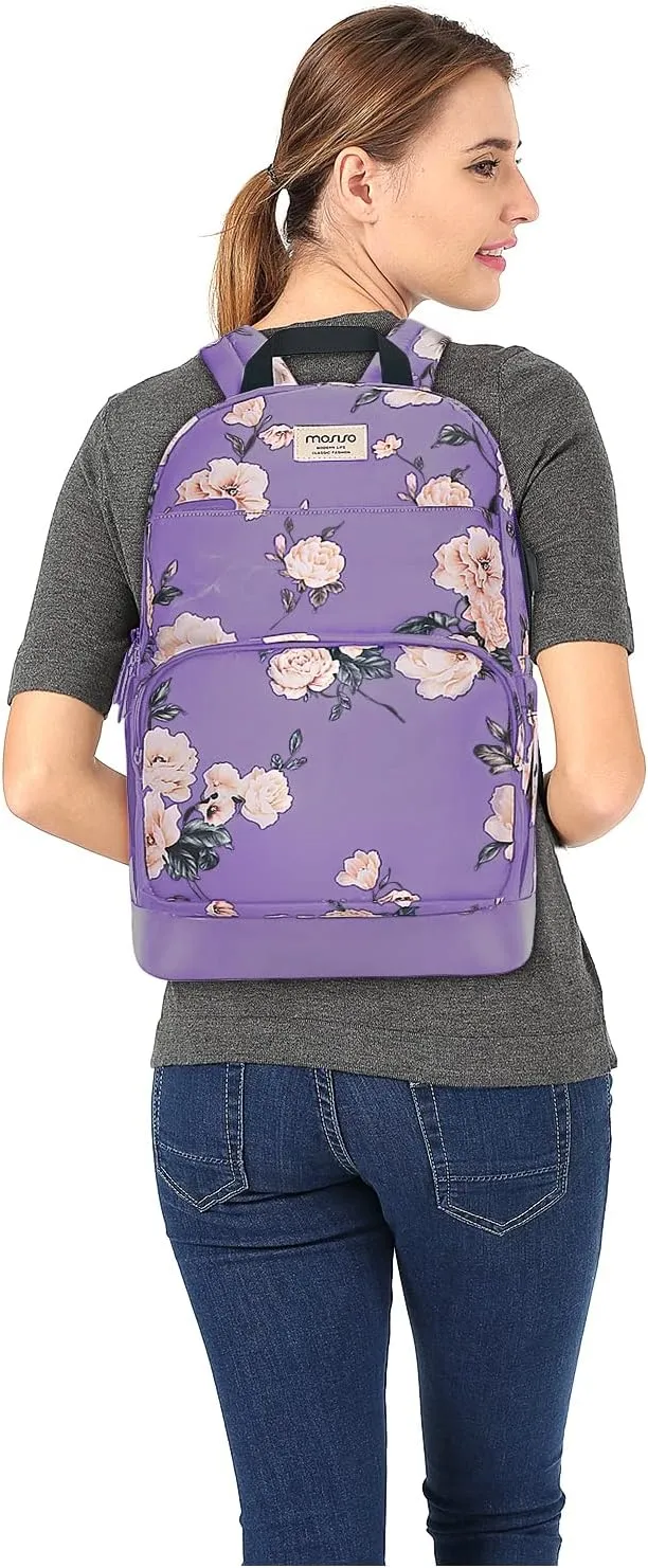MOSISO 15.6-16 inch Laptop Backpack for Women, Polyester Anti-Theft Stylish Casual Daypack Bag with Luggage Strap & USB Charging Port, Camellia Travel Backpack, Purple
