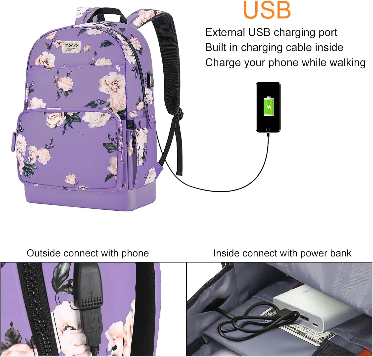 MOSISO 15.6-16 inch Laptop Backpack for Women, Polyester Anti-Theft Stylish Casual Daypack Bag with Luggage Strap & USB Charging Port, Camellia Travel Backpack, Purple