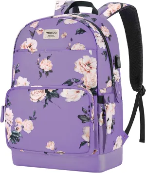 MOSISO 15.6-16 inch Laptop Backpack for Women, Polyester Anti-Theft Stylish Casual Daypack Bag with Luggage Strap & USB Charging Port, Camellia Travel Backpack, Purple