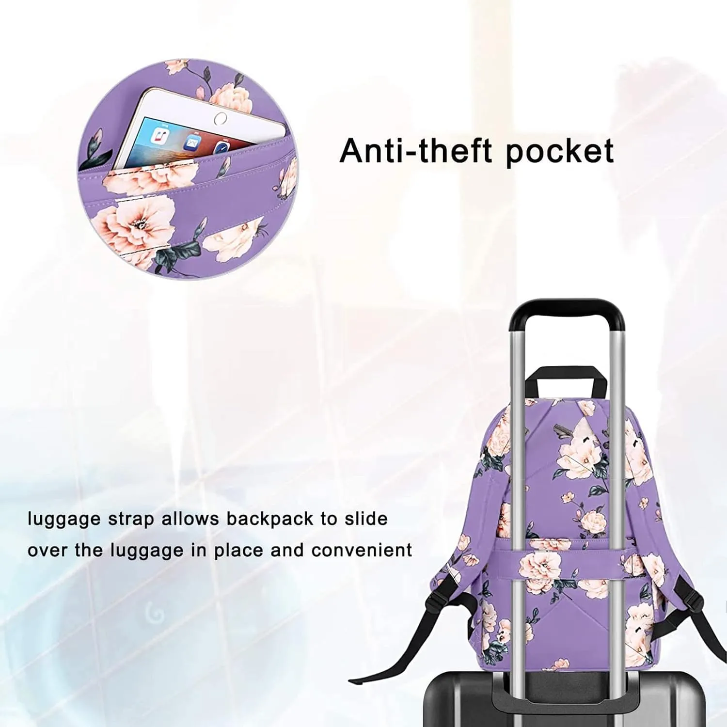 MOSISO 15.6-16 inch Laptop Backpack for Women, Polyester Anti-Theft Stylish Casual Daypack Bag with Luggage Strap & USB Charging Port, Camellia Travel Backpack, Purple