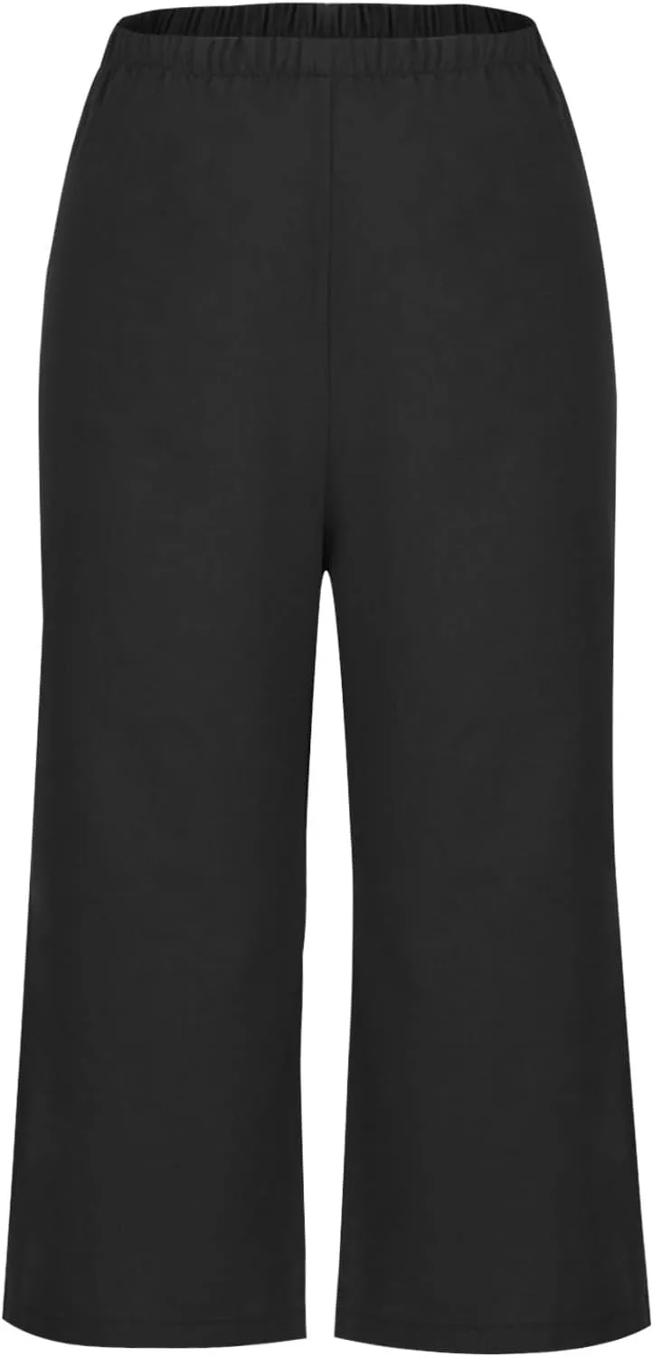 Mzkdieey Women's Cotton Linen Wide Leg Capris Pants Plain High Waist Baggy Cropped Pants Summer Beach Vacation Casual Trouser