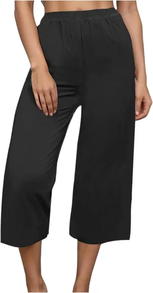 Mzkdieey Women's Cotton Linen Wide Leg Capris Pants Plain High Waist Baggy Cropped Pants Summer Beach Vacation Casual Trouser