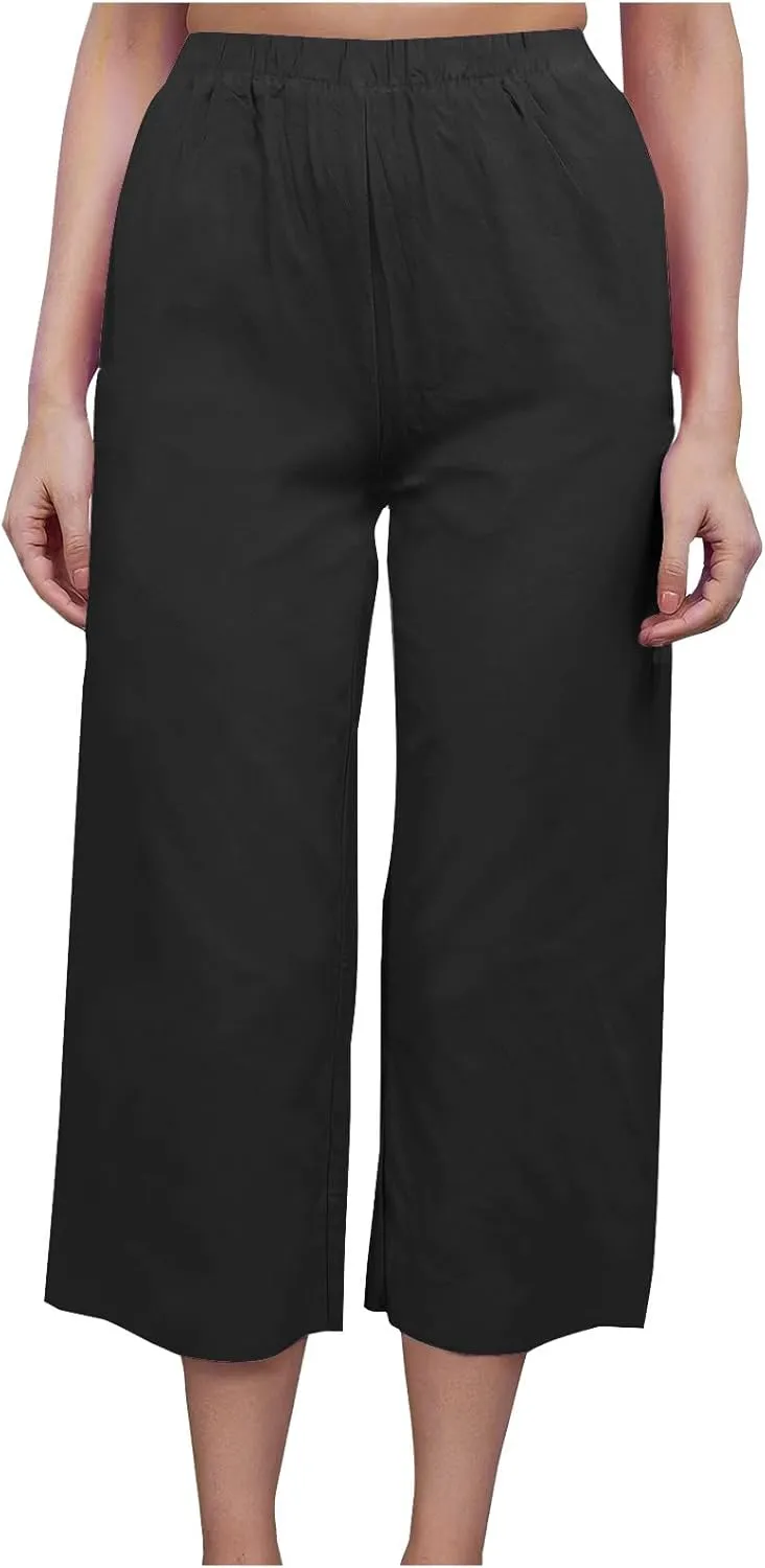 Mzkdieey Women's Cotton Linen Wide Leg Capris Pants Plain High Waist Baggy Cropped Pants Summer Beach Vacation Casual Trouser