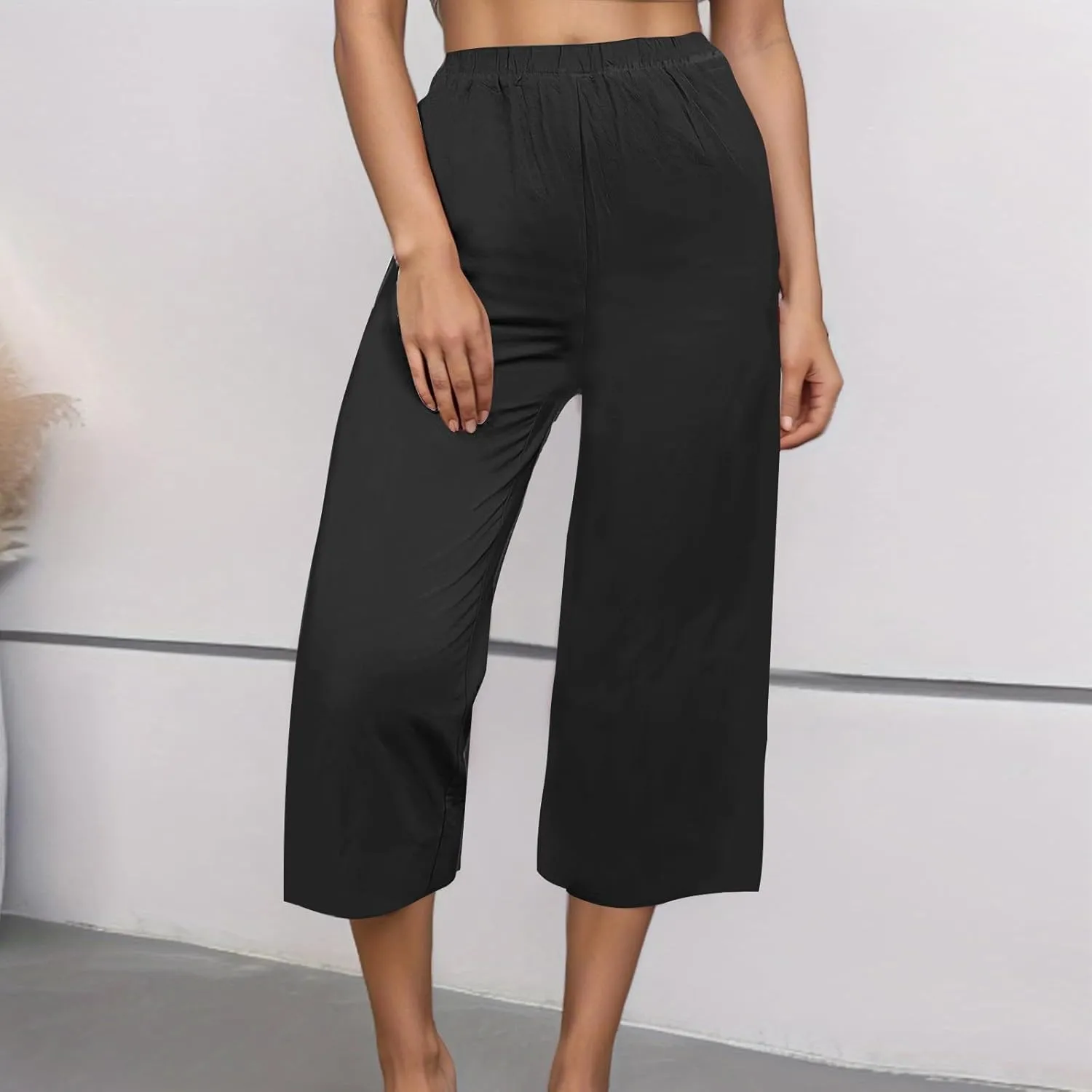 Mzkdieey Women's Cotton Linen Wide Leg Capris Pants Plain High Waist Baggy Cropped Pants Summer Beach Vacation Casual Trouser
