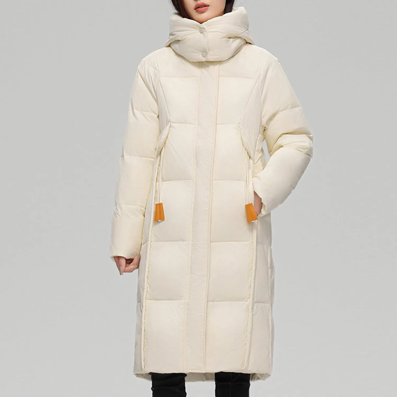 NATHGAM Long Down Coat Women Casual Turtleneck Thicken Winter Warm Hooded Puffer Coat Cotton Padded Zip Long Sleeve Outwears