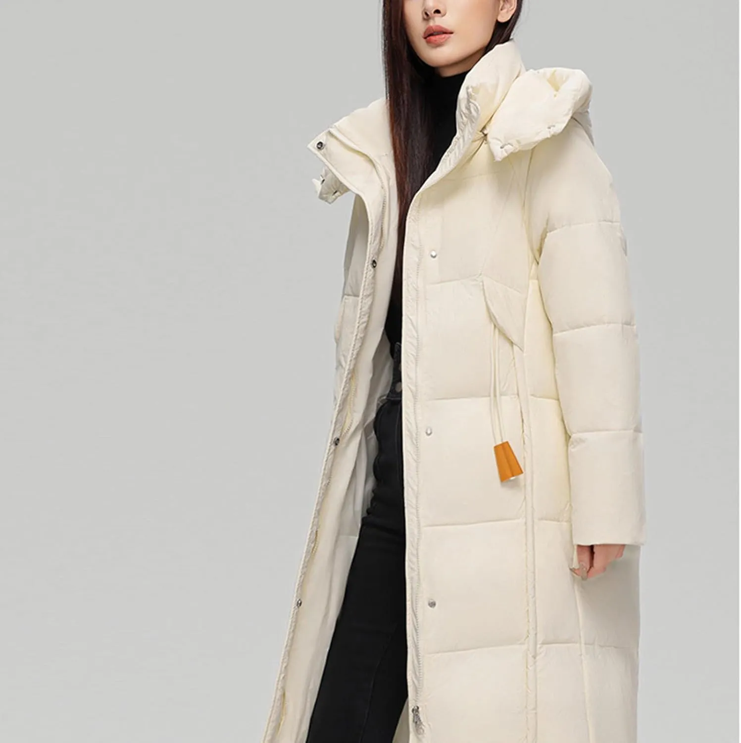 NATHGAM Long Down Coat Women Casual Turtleneck Thicken Winter Warm Hooded Puffer Coat Cotton Padded Zip Long Sleeve Outwears