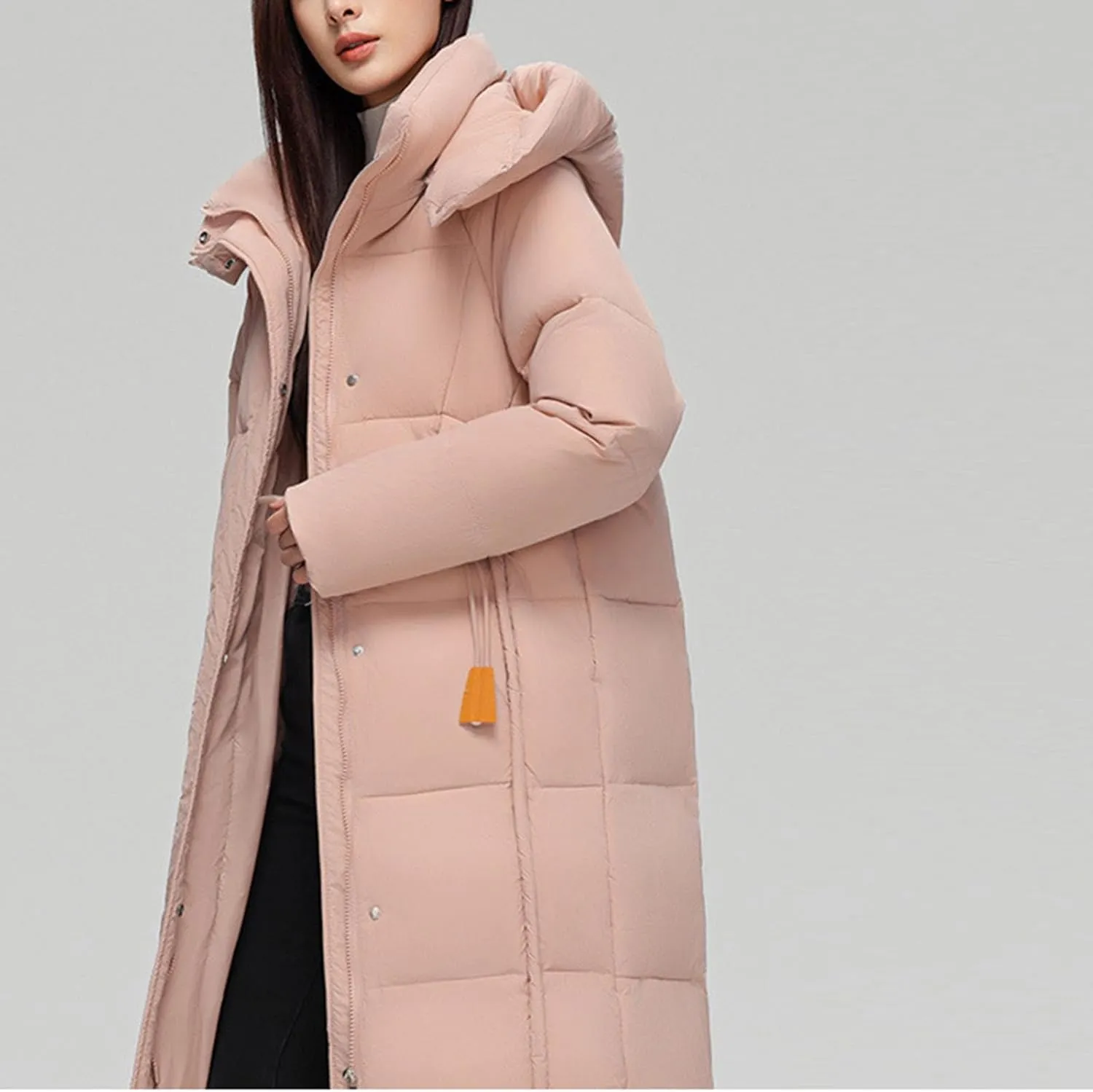 NATHGAM Long Down Coat Women Casual Turtleneck Thicken Winter Warm Hooded Puffer Coat Cotton Padded Zip Long Sleeve Outwears