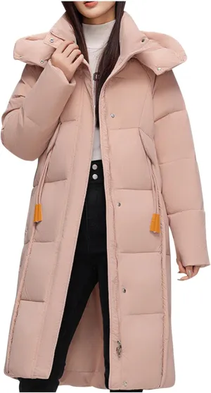 NATHGAM Long Down Coat Women Casual Turtleneck Thicken Winter Warm Hooded Puffer Coat Cotton Padded Zip Long Sleeve Outwears