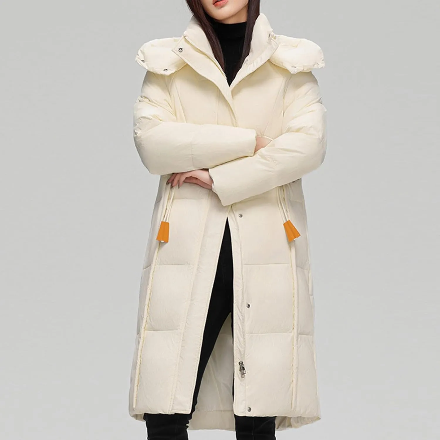 NATHGAM Long Down Coat Women Casual Turtleneck Thicken Winter Warm Hooded Puffer Coat Cotton Padded Zip Long Sleeve Outwears