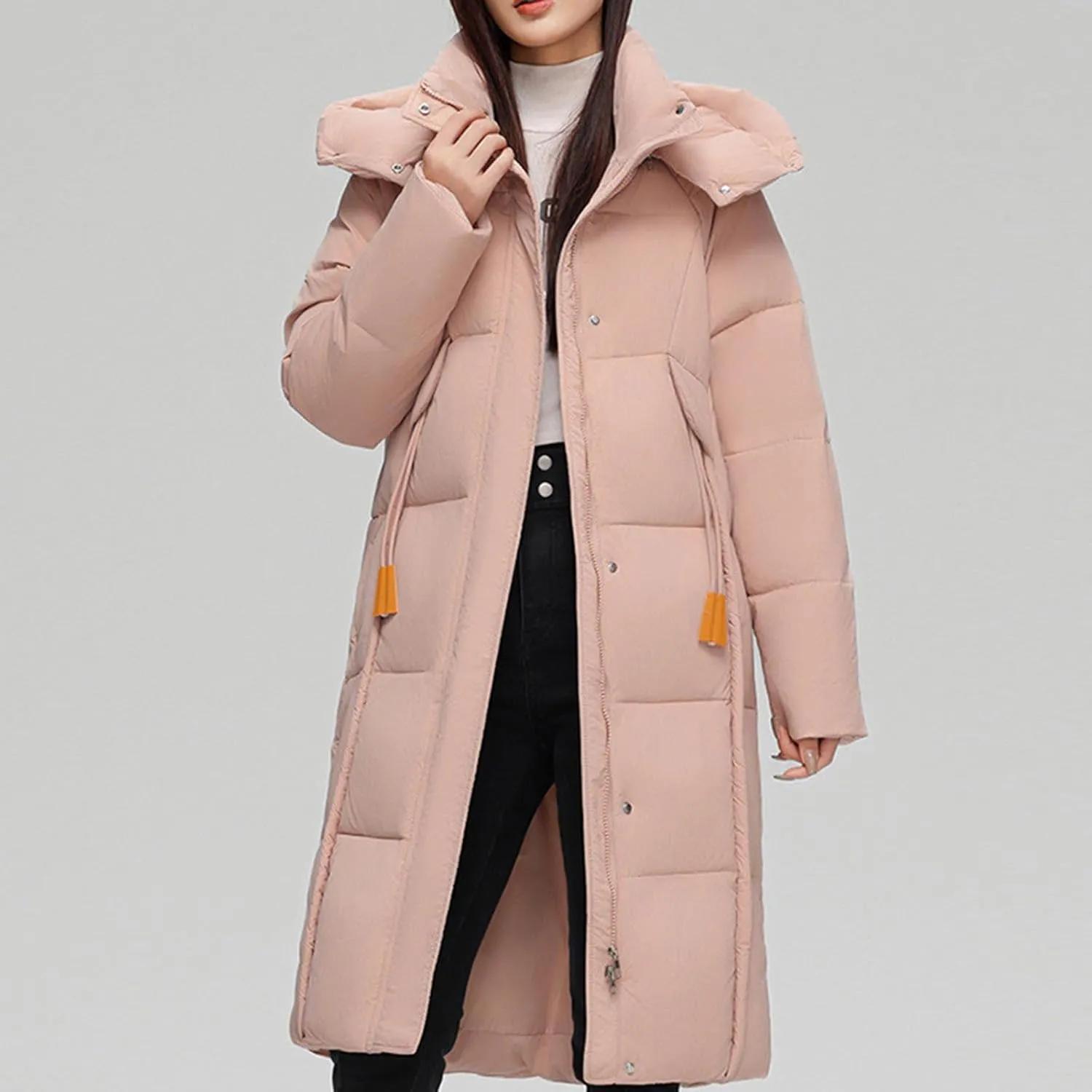NATHGAM Long Down Coat Women Casual Turtleneck Thicken Winter Warm Hooded Puffer Coat Cotton Padded Zip Long Sleeve Outwears