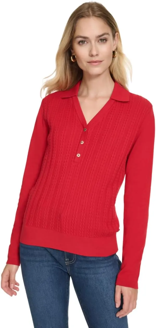 Nautica Women's V-Neck Cable Polo Long Sleeve
