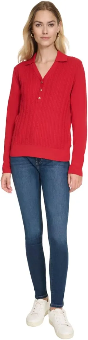Nautica Women's V-Neck Cable Polo Long Sleeve